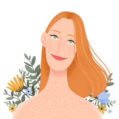 Beauty female portrait decorated with flowers. Elegant woman avatar with floral background. Vector illustration