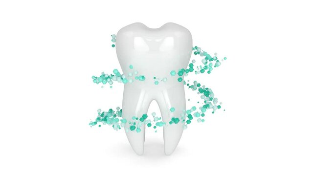 Seamless looping animation of tooth with rotating around particles . Tooth freshness concept.