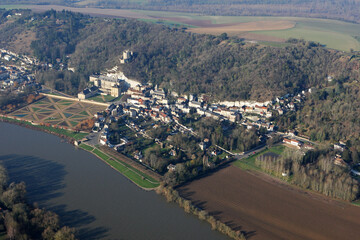 Castle of La Roche-Guyon en Vexin seen from the sky in the Val-d'Oise