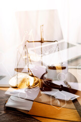 justice and law concept.Male judge in a courtroom on wooden table and Counselor or Male lawyer working in office. Legal law, advice and justice concept.