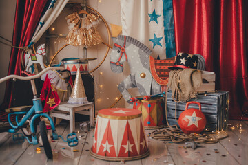 Stylized circus photo zone. Red nude style.