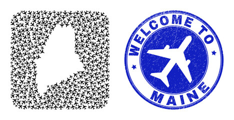 Vector collage Maine State map of aviation elements and grunge Welcome badge. Mosaic geographic Maine State map constructed as carved shape from rounded square shape with aviation.