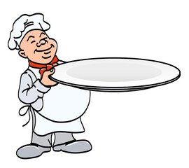 cook with a plate - chef holding a big empty tray, cartoon color vector illustration, on a white background