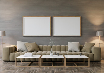 3d rendering mockup Home interior with decor elements. wooden frame.