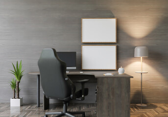 3d rendering mockup Home interior work desk with decor elements. wooden frame.