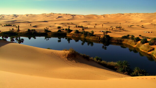 Oase Mandara in der Sahara in Libyen mit See und Palmen unter blauem Himmel
