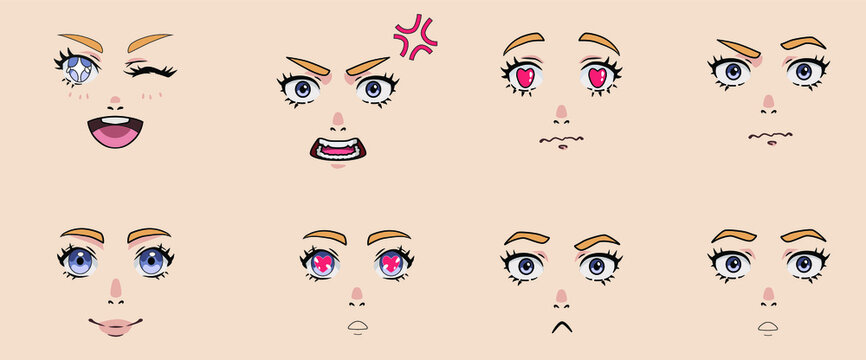 Set of different cartoon facial expressions and emotions for animation. Cute Japanese anime character, manga style girl with big eyes.