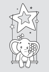 Vector black line sitting baby elephant girl on a swing. Holding flower. Light grey background.