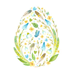 Easter card in the shape of an egg with Easter eggs, pussy willow, feathers and flowers. Thematic template for postcards, posters, banners. Watercolor clipart on white background
