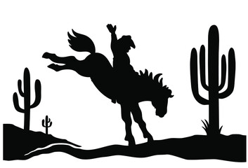 Fototapeta premium Cowboy riding a wild horse. Vector illustration American desert and cactuses isolated