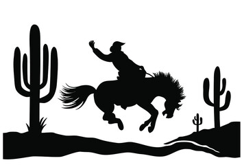 Cowboy riding a wild horse. Vector illustration American desert and cactuses isolated