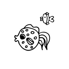 Doodle image of a fish in a decorative style. Image for labels, web, icons, postcards, decoration. Cheerful, childish, cute vector marine theme.