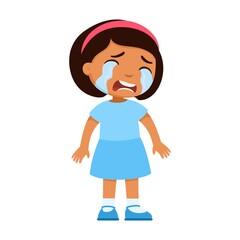 Crying sad little Latin-American girl. Upset child with tears on face standing alone cartoon character. Lonely dark skin kid in bad mood, person unhappy expression isolated on white background