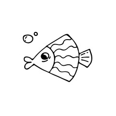 Doodle image of a fish in a decorative style. Image for labels, web, icons, postcards, decoration. Cheerful, childish, cute vector marine theme.