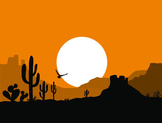 American Desert landscape with cactuses silhouette illustration. Vector American sunset Arizona desert background - 414956705