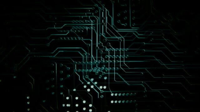 3d Futuristic motherboard circuit graphic animation background. Printed circuit board (PCB) in motion. Learning modern computer technologies animation with printed circuit board design animated bg