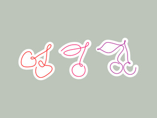 Sticker one line art style cherries. Abstract creative food in minimalism design. Hand drawn vector illustration.