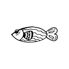 Doodle image of a fish in a decorative style. Image for labels, web, icons, postcards, decoration. Cheerful, childish, cute vector marine theme.