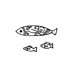 Doodle image of a fish in a decorative style. Image for labels, web, icons, postcards, decoration. Cheerful, childish, cute vector marine theme.