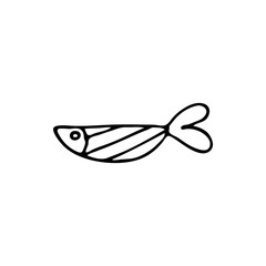 Doodle image of a fish in a decorative style. Image for labels, web, icons, postcards, decoration. Cheerful, childish, cute vector marine theme.