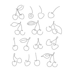 One line art style cherries. Abstract creative food in minimalism design. Hand drawn vector illustration.