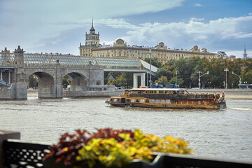 Moscow, Russia - 30.07.2020: The ship sails along the Moscow river on a Sunny day