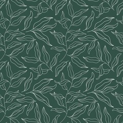 Outline Willow Tree Branch seamless pattern. Eucalyptus Leaves modern contour ornament. Line art Plant, Laurel Twig. Floral vector background, texture for textile print, scrapbooking, wrapping paper	