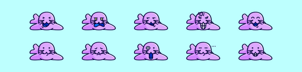 set of manatee cartoon icon design template with various models. vector illustration isolated on blue background