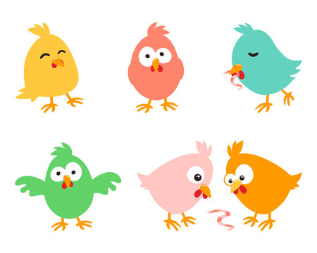 Set of amusing Easter chickens on white background, illustration