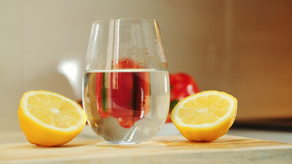 Close-up shot of glass with water between two part of cut lemon on wooden kitchen board.