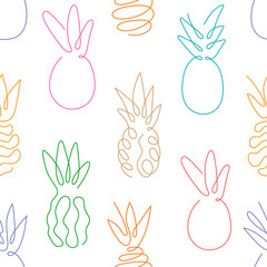 One line art style a pineapple seamless pattern. Abstract creative food in minimalism design. Hand drawn vector illustration.