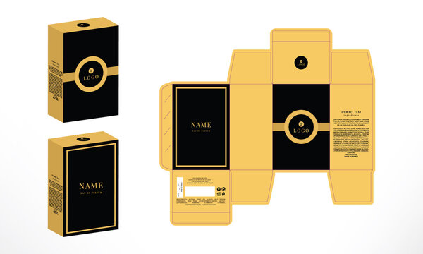 Perfume Packaging Box Design, Luxury Box die line, 3d Box Mockup labels, icon, frames and Design elements, 3d Illustration, Vector design Template.