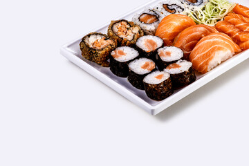 close up of japanese food on white background