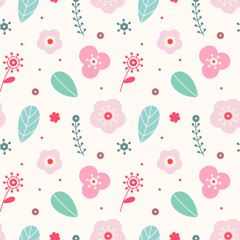 Tender floral seamless pattern with flowers, leaves, branches and small details on a light background. Pink and mint. Suitable for cards, wallpaper, paper, fabric