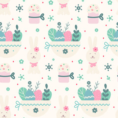 Easter seamless pattern with easter bunnies, eggs, cakes, flowers. Suitable for Easter cards, wallpaper, paper, fabric, interior decor and others
