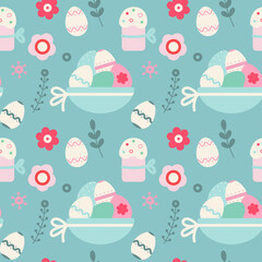 Easter seamless pattern with Easter eggs, cakes, leaves, flowers  on a mint background. Suitable for Easter cards, wrapping paper, fabric  and others