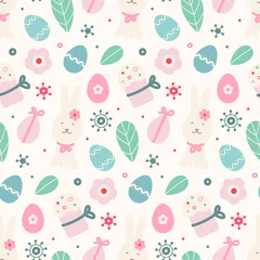 Meubelstickers Easter seamless pattern with easter bunnies, eggs, cakes, flowers. Suitable for Easter cards, wallpaper, paper, fabric, interior decor  and others © Yanina