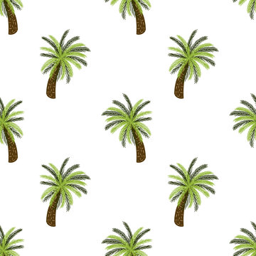Seamless isolated pattern with green and brown colored hawaii palm trees shapes. White background.