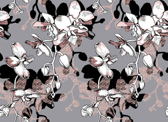 Seamless wallpaper pattern. Orchid flowers and bud on branches. Textile composition, hand drawn style print. Vector illustration.