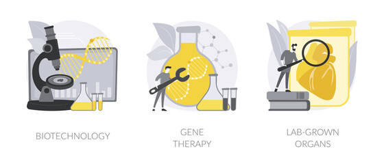 Bioengineering industry abstract concept vector illustration set. Biotechnology, gene therapy, lab-grown organs, stem cells, laboratory research, genetic cancer treatment abstract metaphor. © Visual Generation