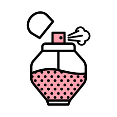 Vector female perfume bottle spraying icon in flat style with black stroke, pink fill and circles texture isolated on a white background