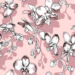Seamless wallpaper pattern. Orchid flowers and bud on branches. Textile composition, hand drawn style print. Vector illustration.