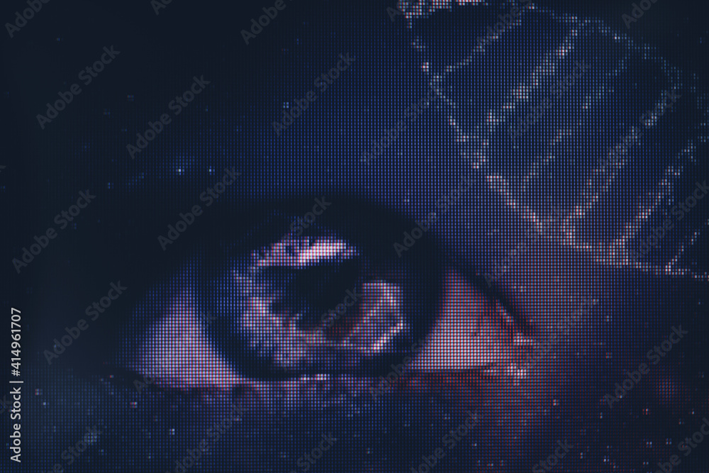 Poster close up abstract eye concept looking on a dna molecule. nebula dust in infinite space background. m
