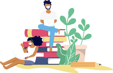 A man and a woman wearing mask while working or studying through online internet in covid19 corona virus outbreak situation, social distancing e learning online education