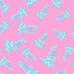 Random seamless pattern with blue hand drawn circus tiger ornament. Pink background. Zoo training print.