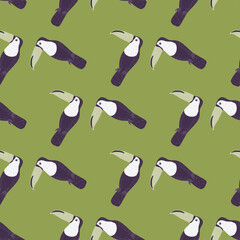 Obraz premium Abstract seamless pattern with purple colored zoo toucan silhouettes. Pastel green background. Doodle print.