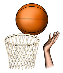 painted basketball ball flies into the basket and hand on the right