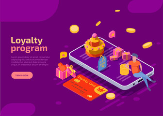 Loyalty program isometric landing page. Smartphone with character, coins, gifts and discount card on purple background. Online shopping promotion offer, cashback, reward or bonus for regular customers