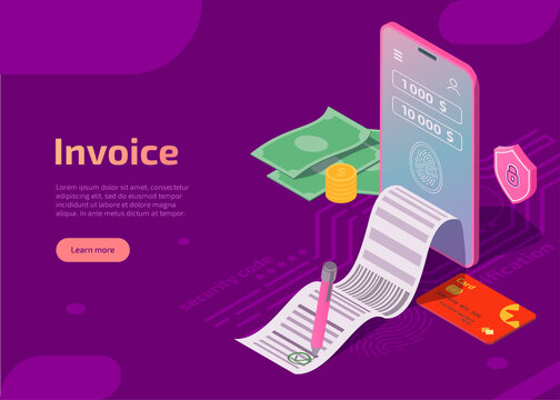 Invoice Landing Page Or Banner. Isometric Smartphone With Electronic Bill, Cash And Banking Card, Receipt With Signature And Shield With Lock Sign On Purple Background. Security Mobile Payment Concept