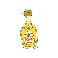 Tequila bottle on white background. Cartoon sketch graphic design. Doodle style with black contour line. Hand drawn image. Party drinks concept. Freehand drawing style
